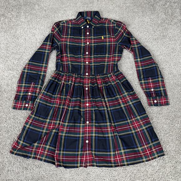 Polo Ralph Lauren Dress Girls 16 Navy Red Plaid Button Front Shirt Dress Cotton - Picture 2 of 12
